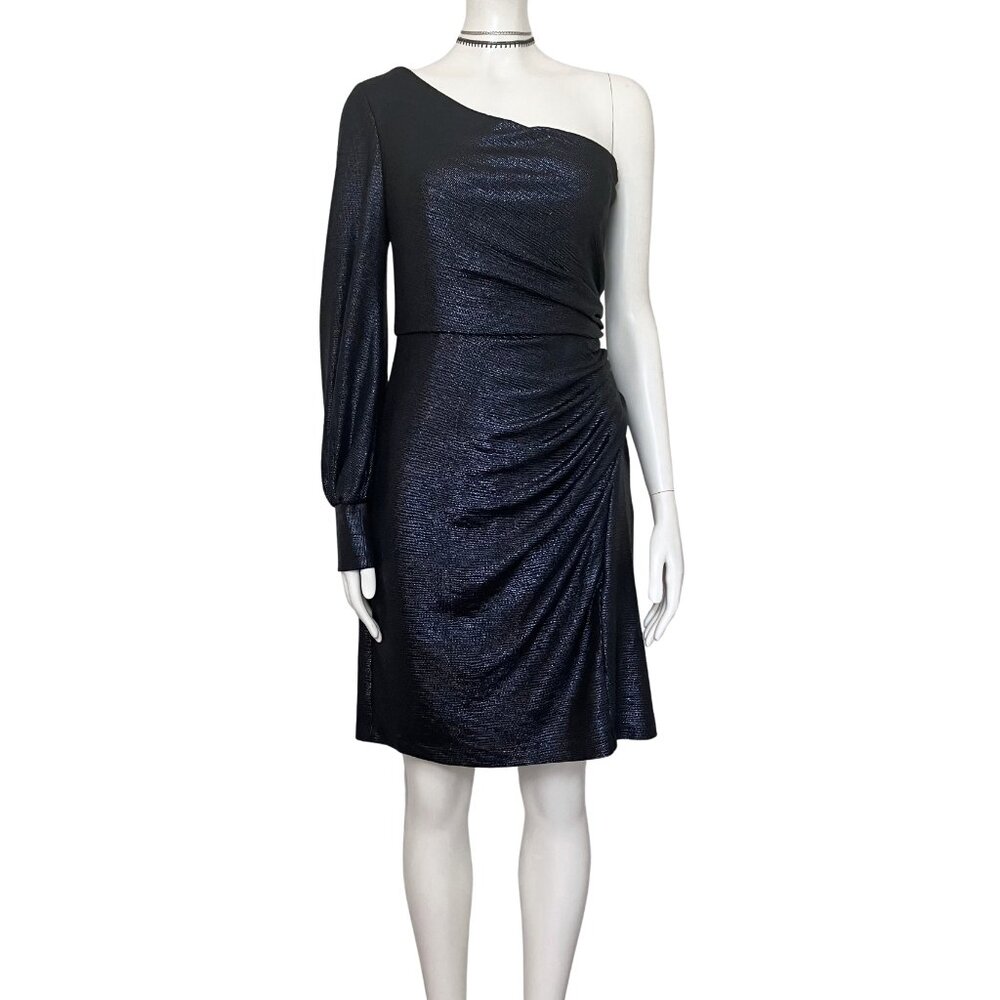 Nightway Navy One Sleeve Metallic Cocktail Dress. S/M 8. Asymmetrical Glam Rock